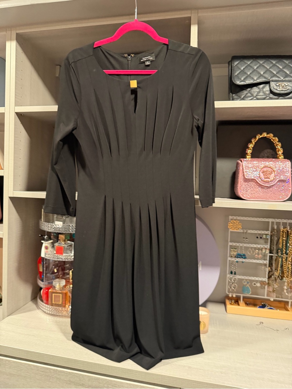 Tahari Black Pleated Midi Dress with Notch Detail
